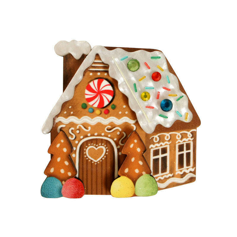 Gingerbread house enamel brooch with candy roof and doorway in brown, red, green