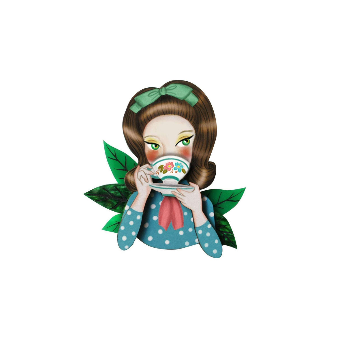 Girl tea-drinking enamel brooch front view with blue polka dress