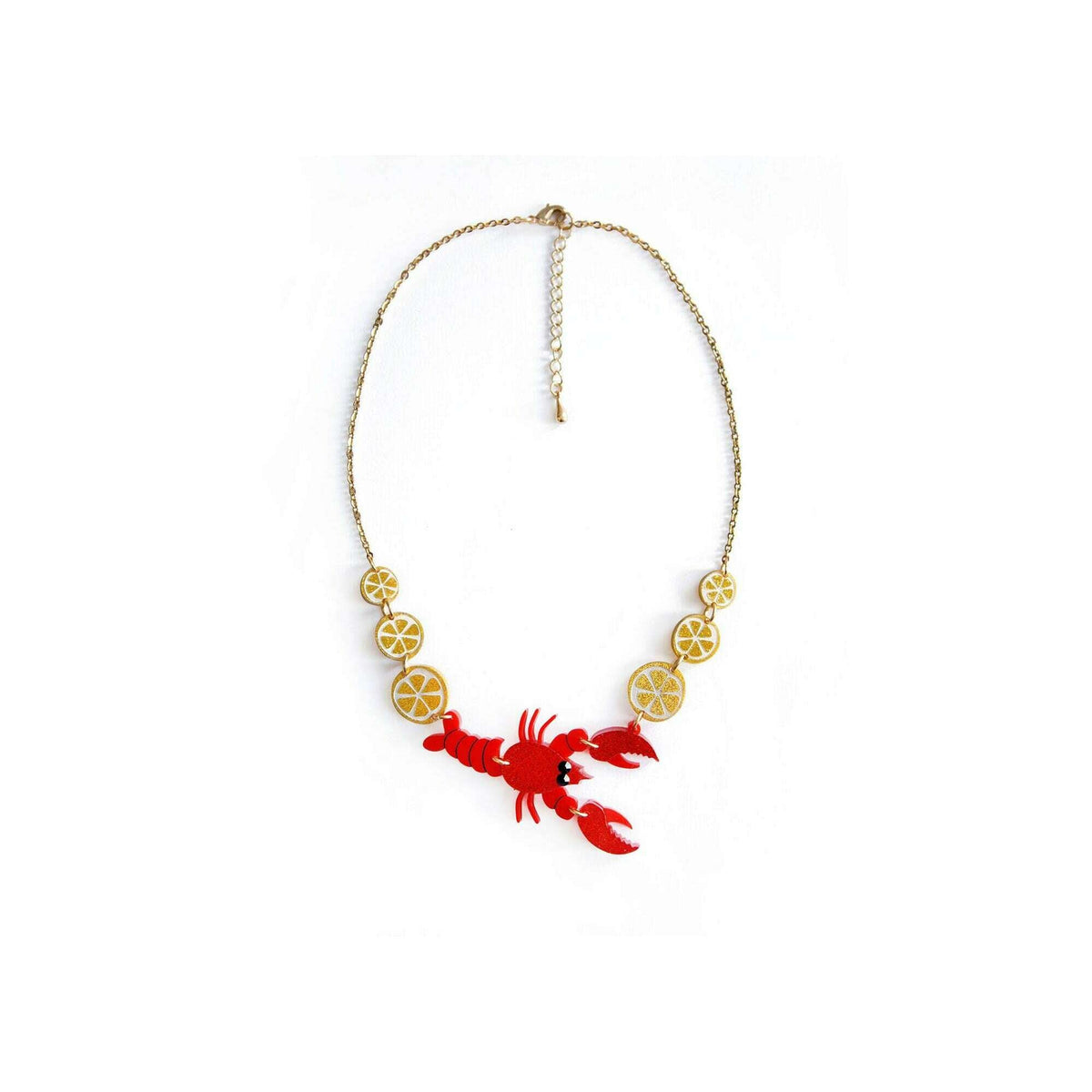 Lobster necklace on gold chain with red lobster and round citrus slice charms