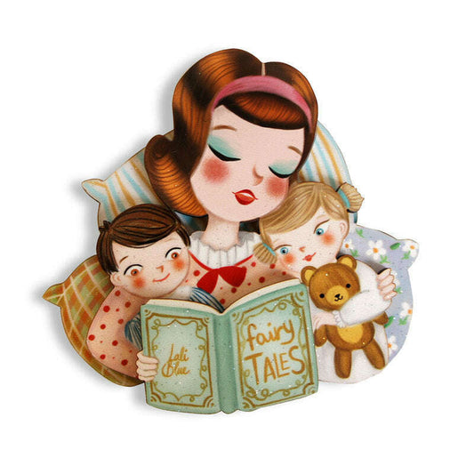 Laliblue Mother's Day brooch with illustrated mother reading a fairytales book