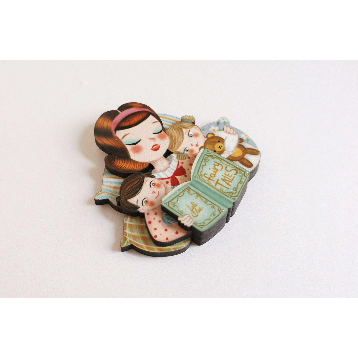 Laliblue Mother's Day brooch, colorful family scene with storybook and teddy