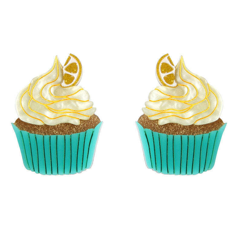 Muffin-shaped stud earrings with cream frosting, yellow citrus slice, and teal cupcake base