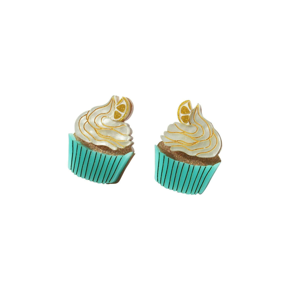 Muffin-shaped stud earrings with cream frosting swirls, citrus slice detail, teal base