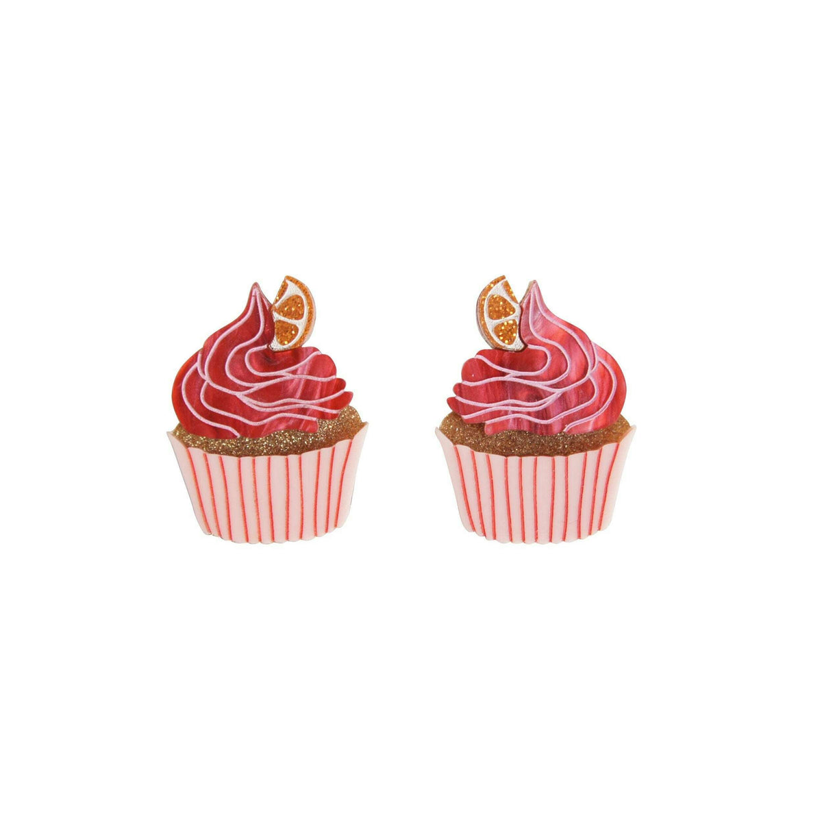 Muffin-shaped stud earrings with red frosting swirls, orange fruit slice, and striped base