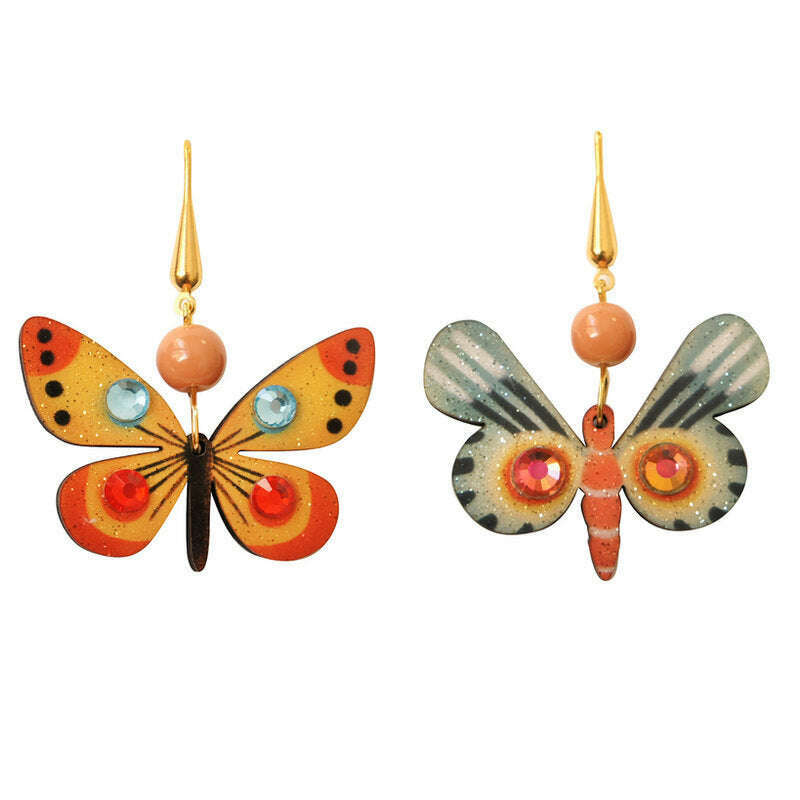 Multicolor butterfly drop earrings with gold hooks and dangling bead accents