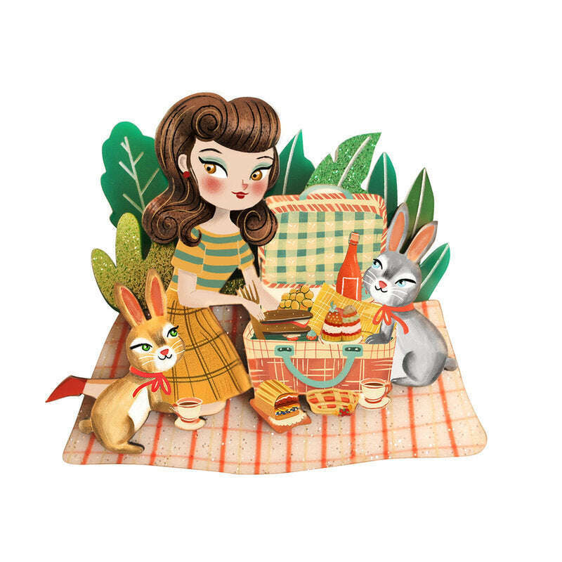 Picnic-themed enamel brooch with cartoon girl, rabbit, and plaid blanket