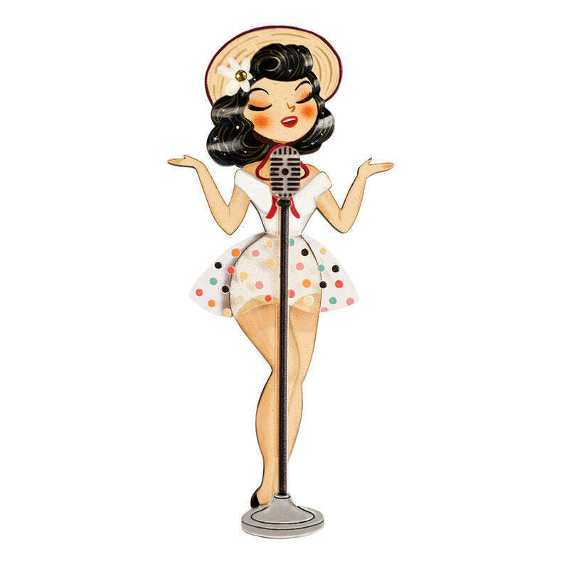Pin-up singer enamel brooch: black hair, microphone, polka-dot dress