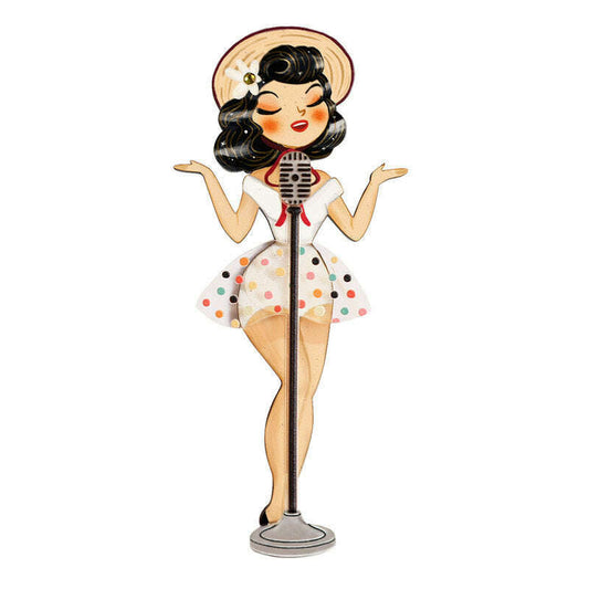 Pin-up singer enamel brooch: black hair, microphone, polka-dot dress