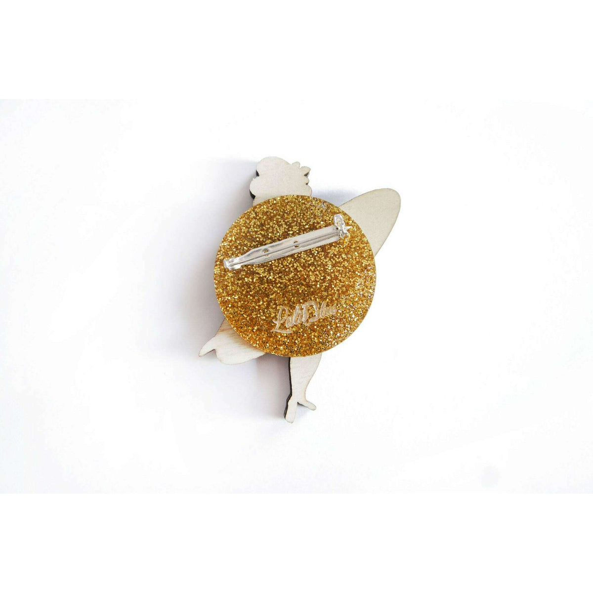 Surfer girl brooch back with glitter gold circular panel and pin clasp