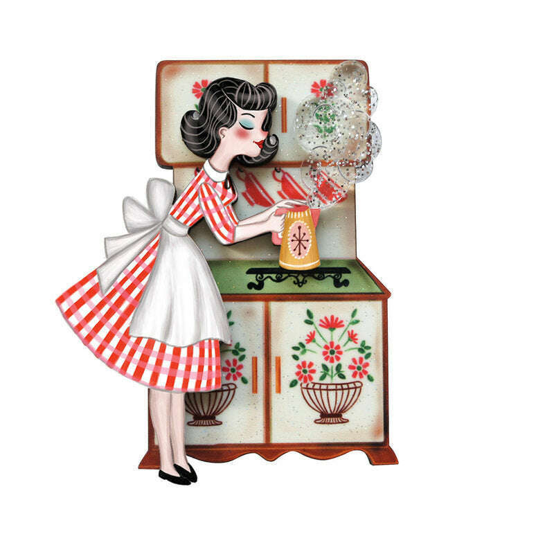 Tea pin up brooch with striped apron girl holding a tea cup on a charm base