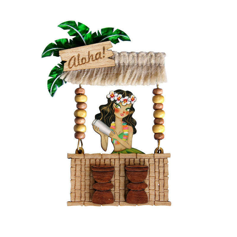 Laliblue tiki bar brooch with wood sign, palm leaves, and illustrated woman