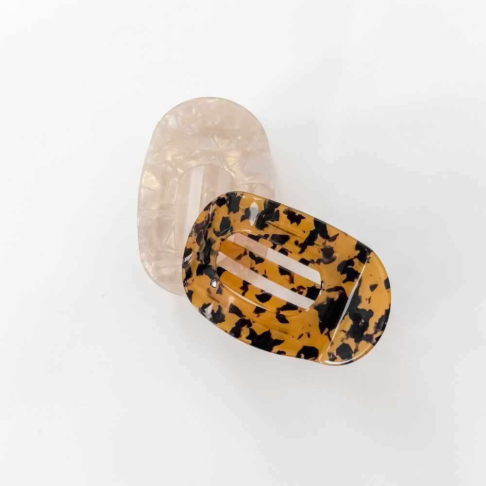 Large flat oval leopard hair clip with center bar detail