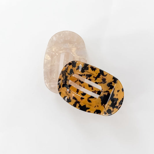 Large flat oval leopard hair clip with center bar detail