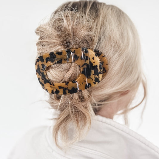 Large flat round leopard hair clip with metal center bar