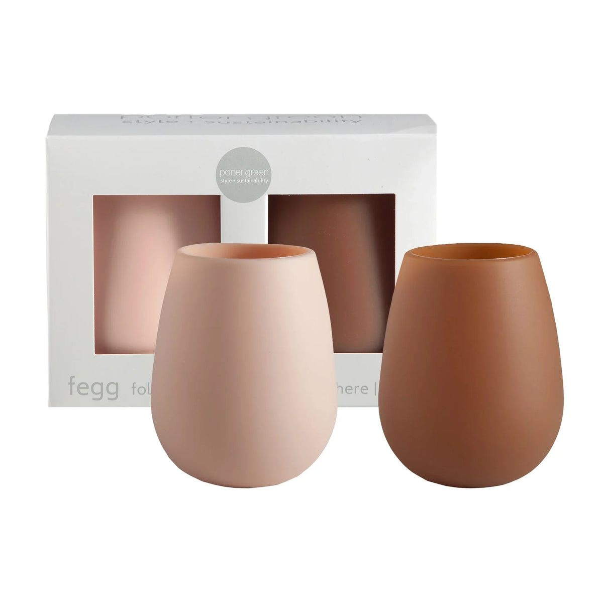 Retail box of beige and orange stemless silicone wine glasses, two armless cups