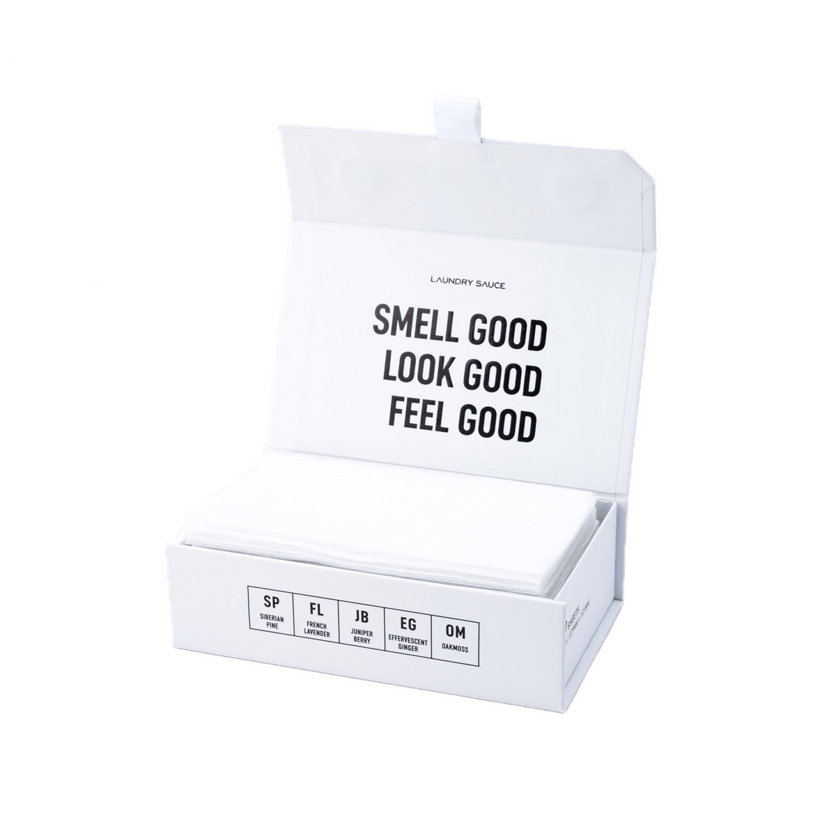 Scented dryer sheets in a white open box with neatly stacked white sheets