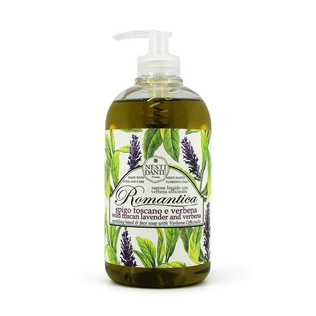 Nesti Dante liquid soap bottle with lavender and verbena, clear pump, 500 ml