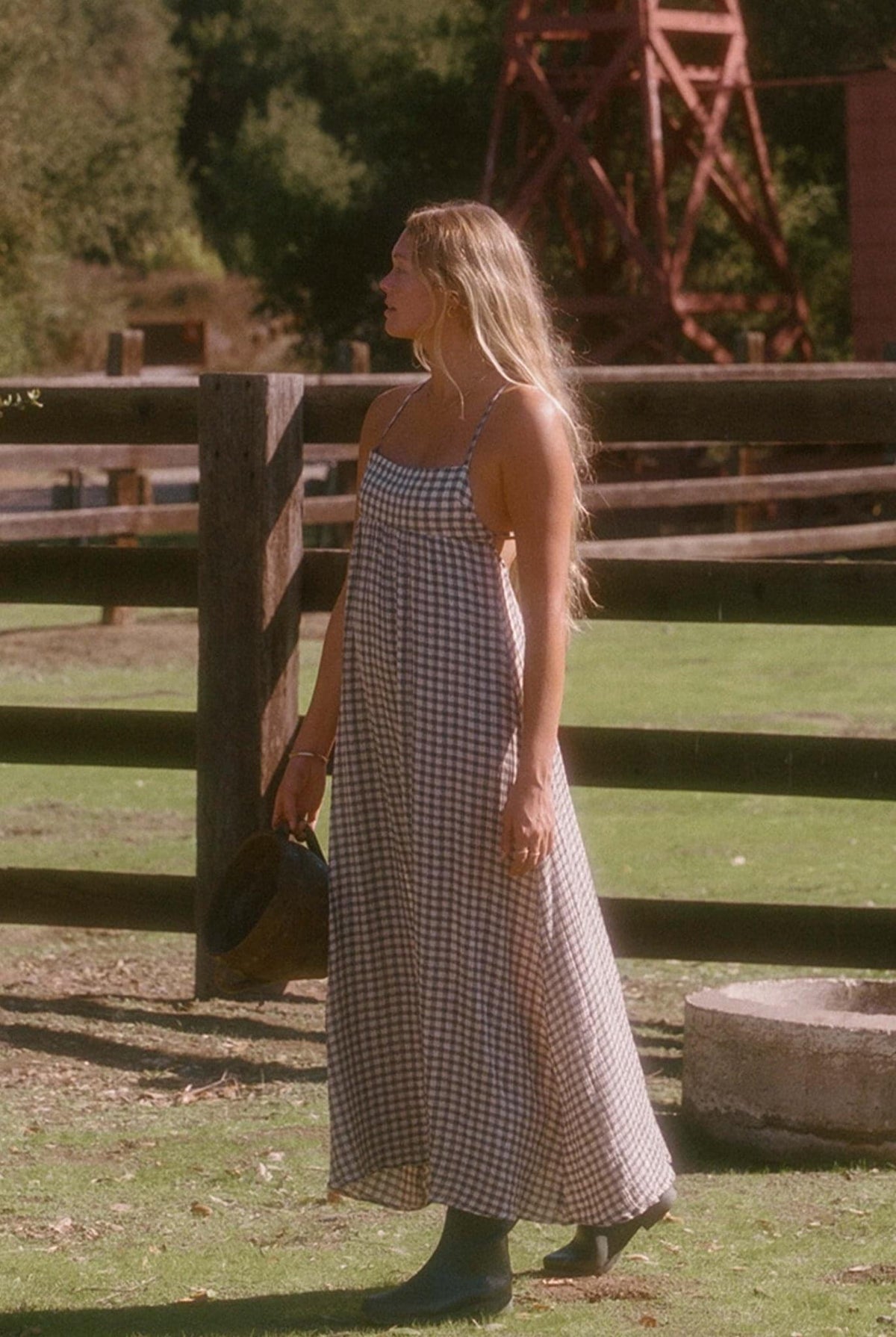 Plaid maxi dress with low back and thin spaghetti straps, gathered skirt