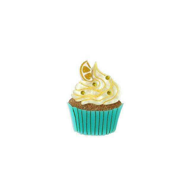 Lemon cupcake brooch with yellow frosting and teal striped base, gold-tone pin back.