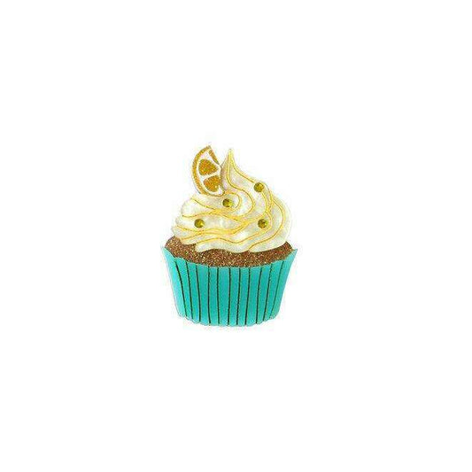 Lemon cupcake brooch with yellow frosting and teal striped base, gold-tone pin back.