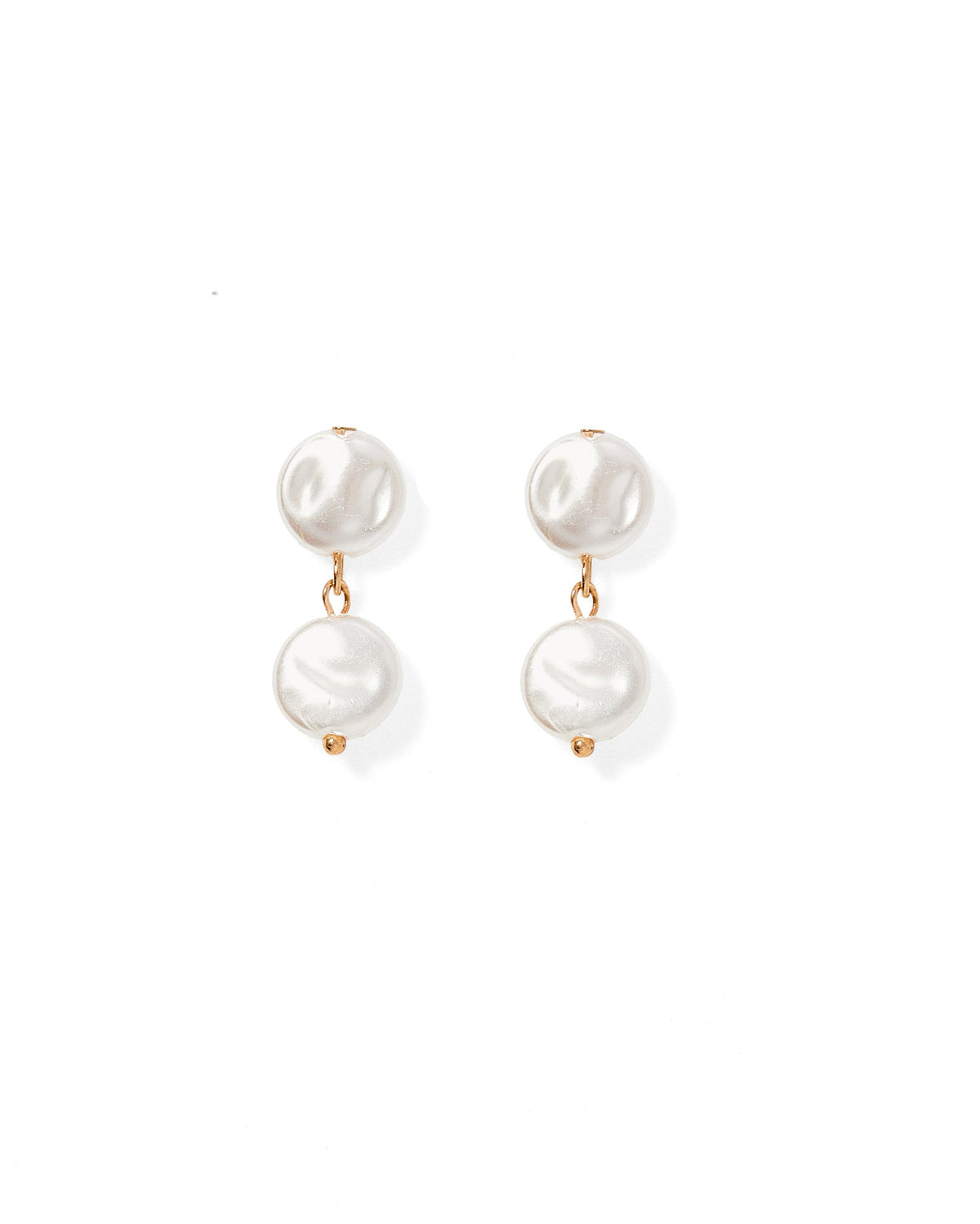 Pearl drop statement earrings with gold hooks and three white pearl discs