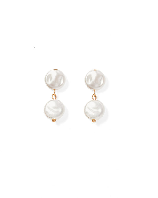 Pearl drop statement earrings with gold hooks and three white pearl discs