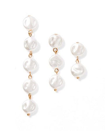 Pearl drop statement earrings set, three white pearl discs with gold accents