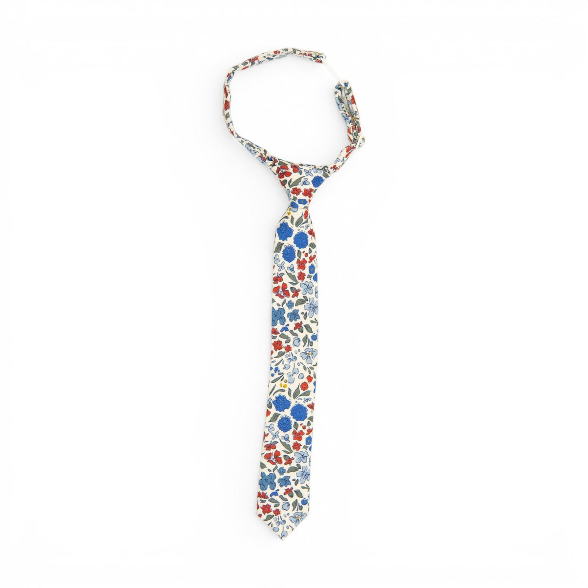 Boys necktie with white ground and blue, red, and green floral pattern