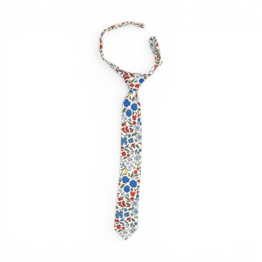 Boys necktie with white ground and blue, red, and green floral pattern