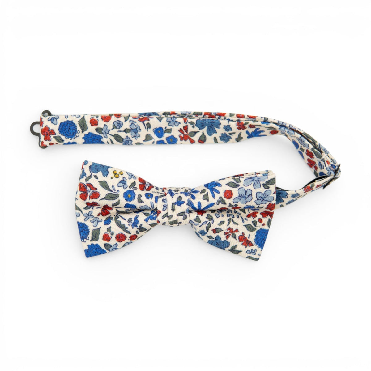 Men's pre-tied bow tie with blue, red and cream floral pattern