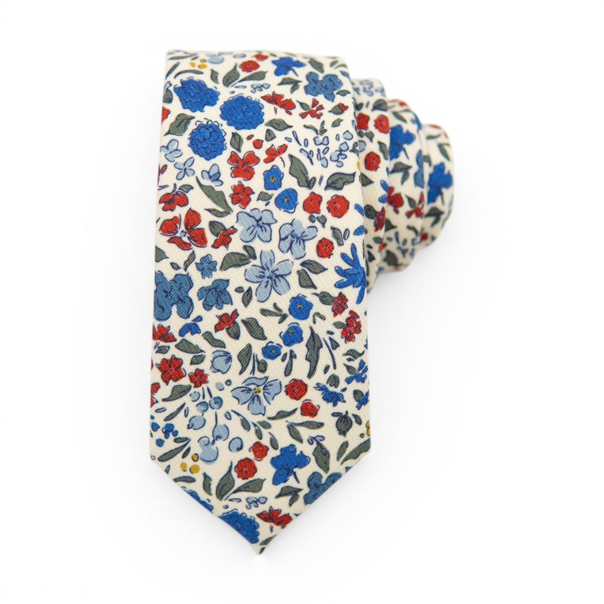 Men's floral necktie in cream with blue red and green blossoms, narrow pointed end