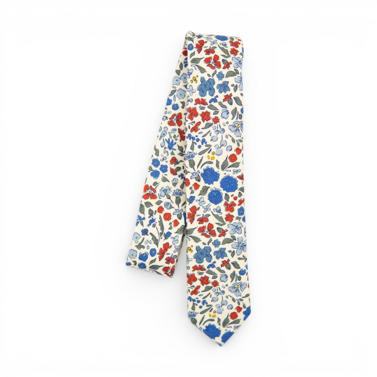 Youth floral necktie on white with blue, red, and green flower prints