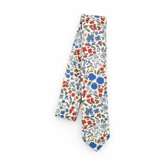 Youth floral necktie on white with blue, red, and green flower prints