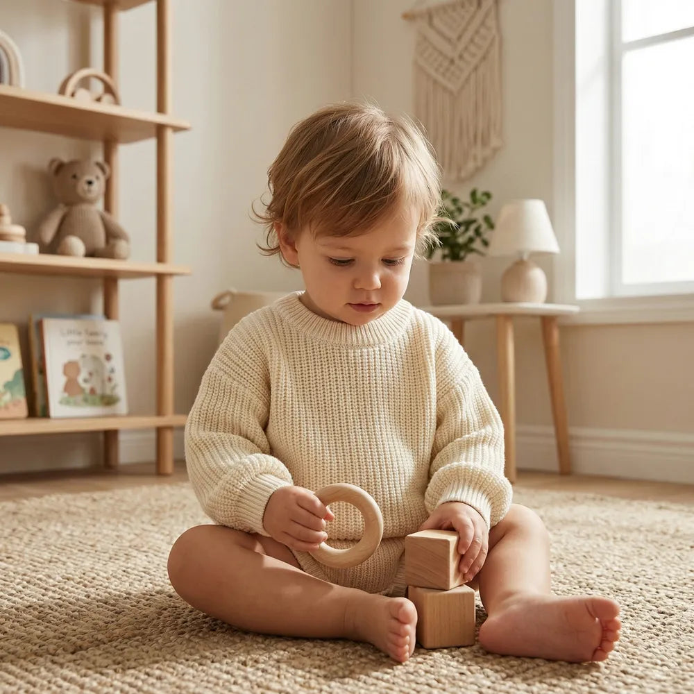 Cream knit baby sweater on a child, long sleeves with ribbed neckline