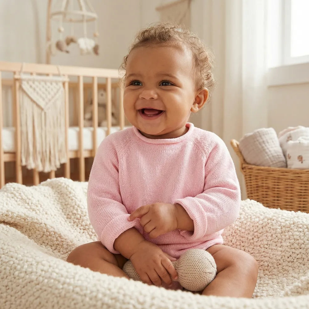 Baby wearing a pink knit rollneck sweater