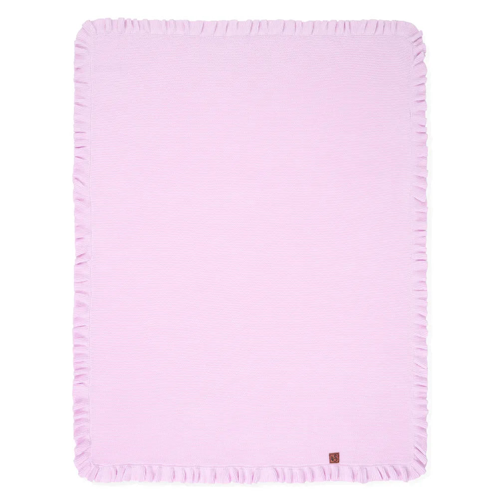 Lilac ruffled-edge knit baby blanket with gathered border trim