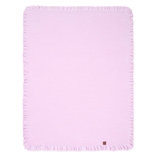 Lilac ruffled-edge knit baby blanket with gathered border trim