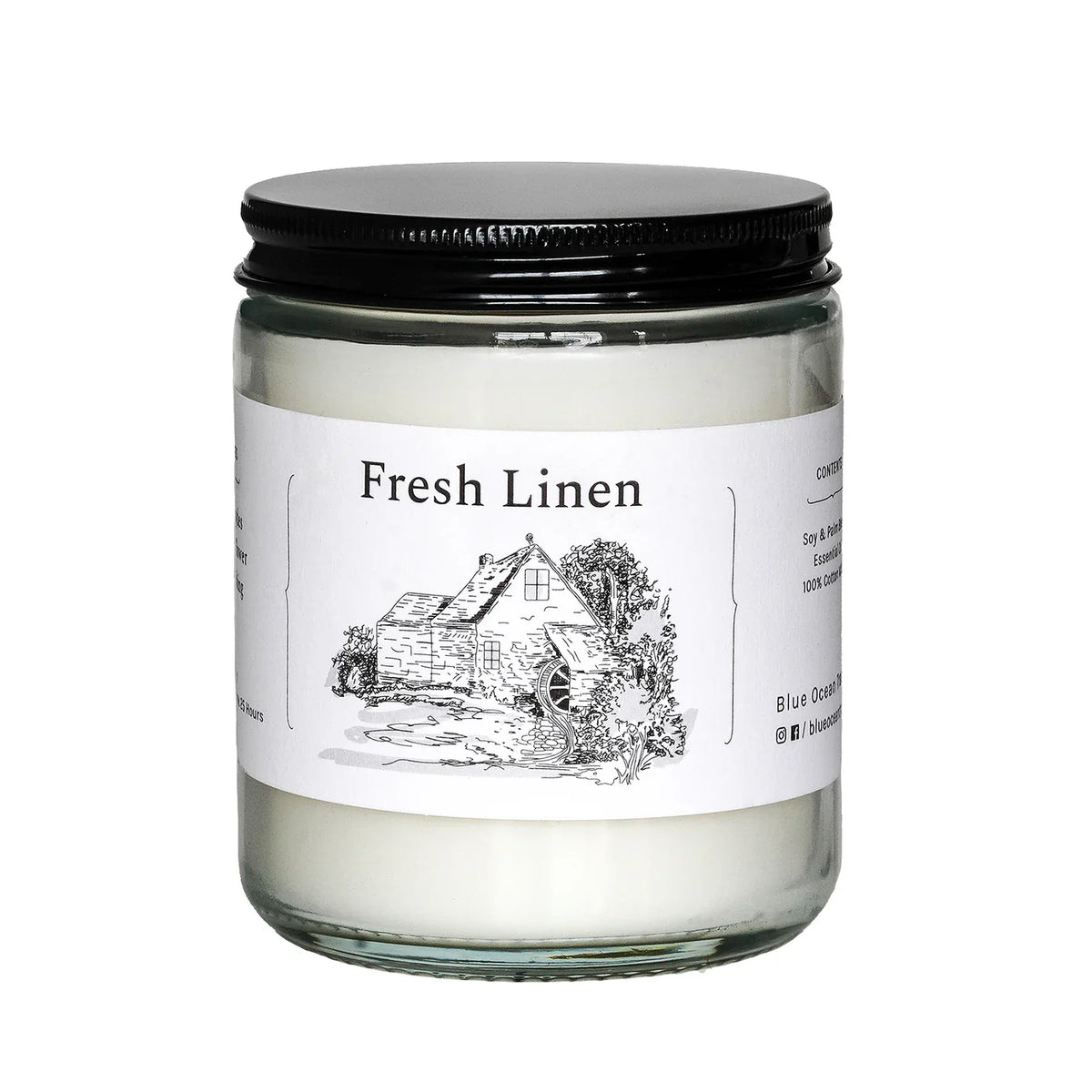 Fresh Linen jar candle in clear glass with black lid and illustrated label