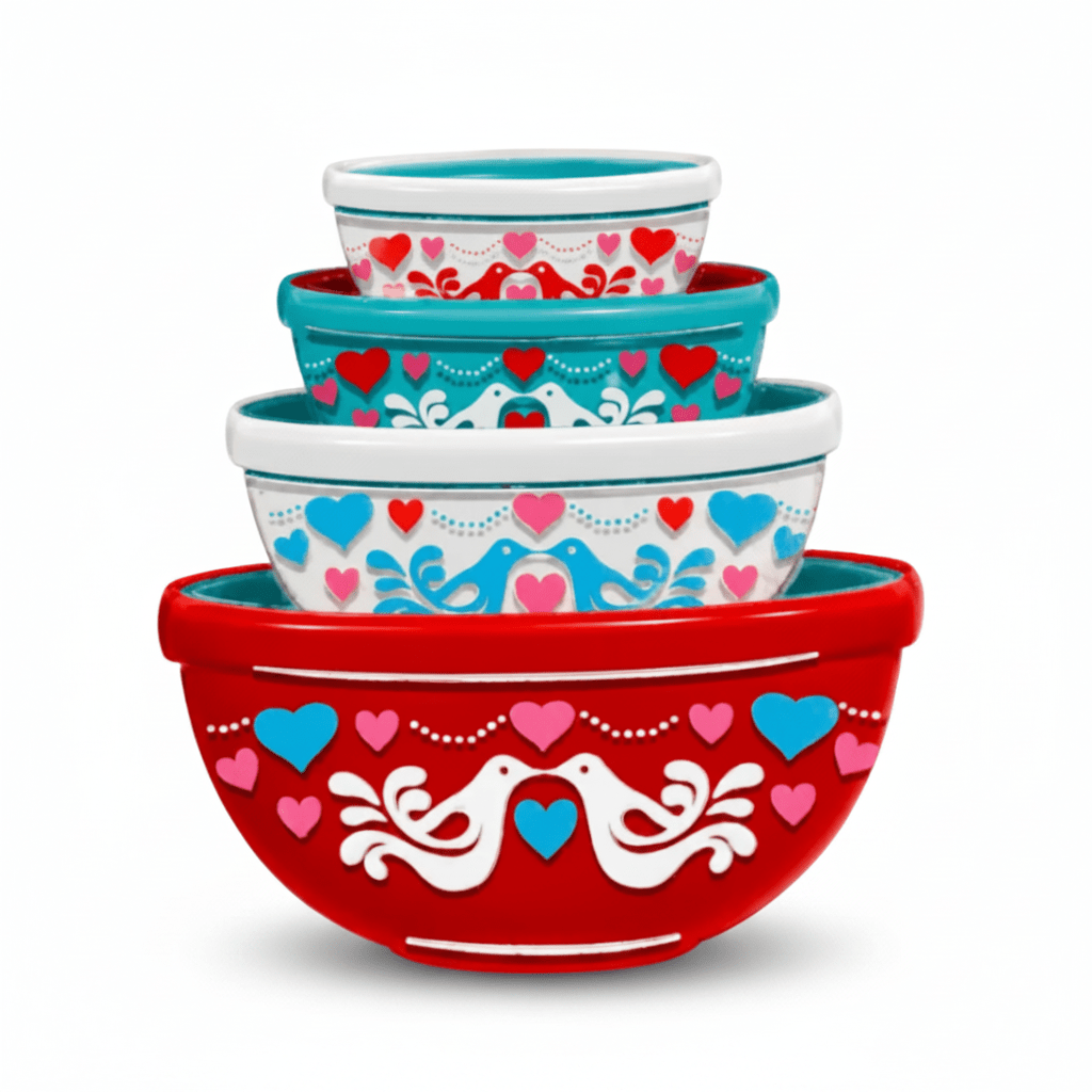 Heart-pattern nesting bowls brooch with red bird and stacked bowls