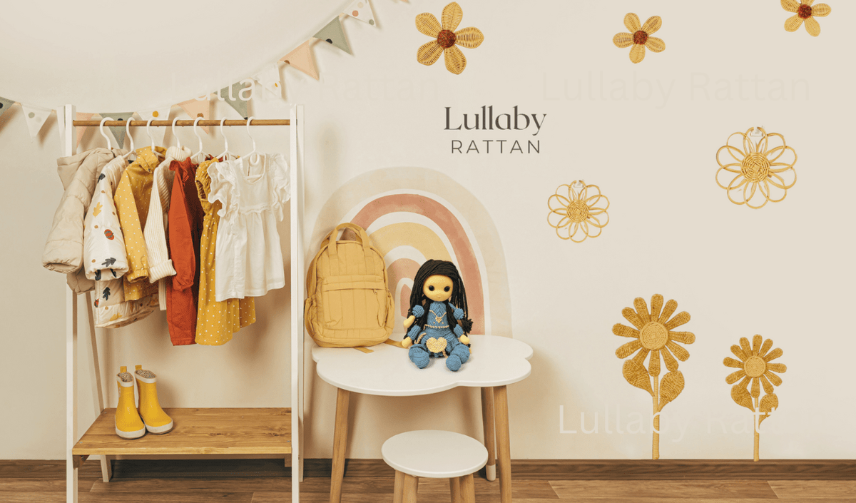 Natural rattan flower wall hangings in a nursery, including daisies and looped blooms