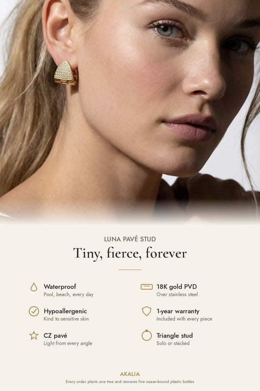 Gold-tone triangle zircon pave stud earrings worn on model’s ear