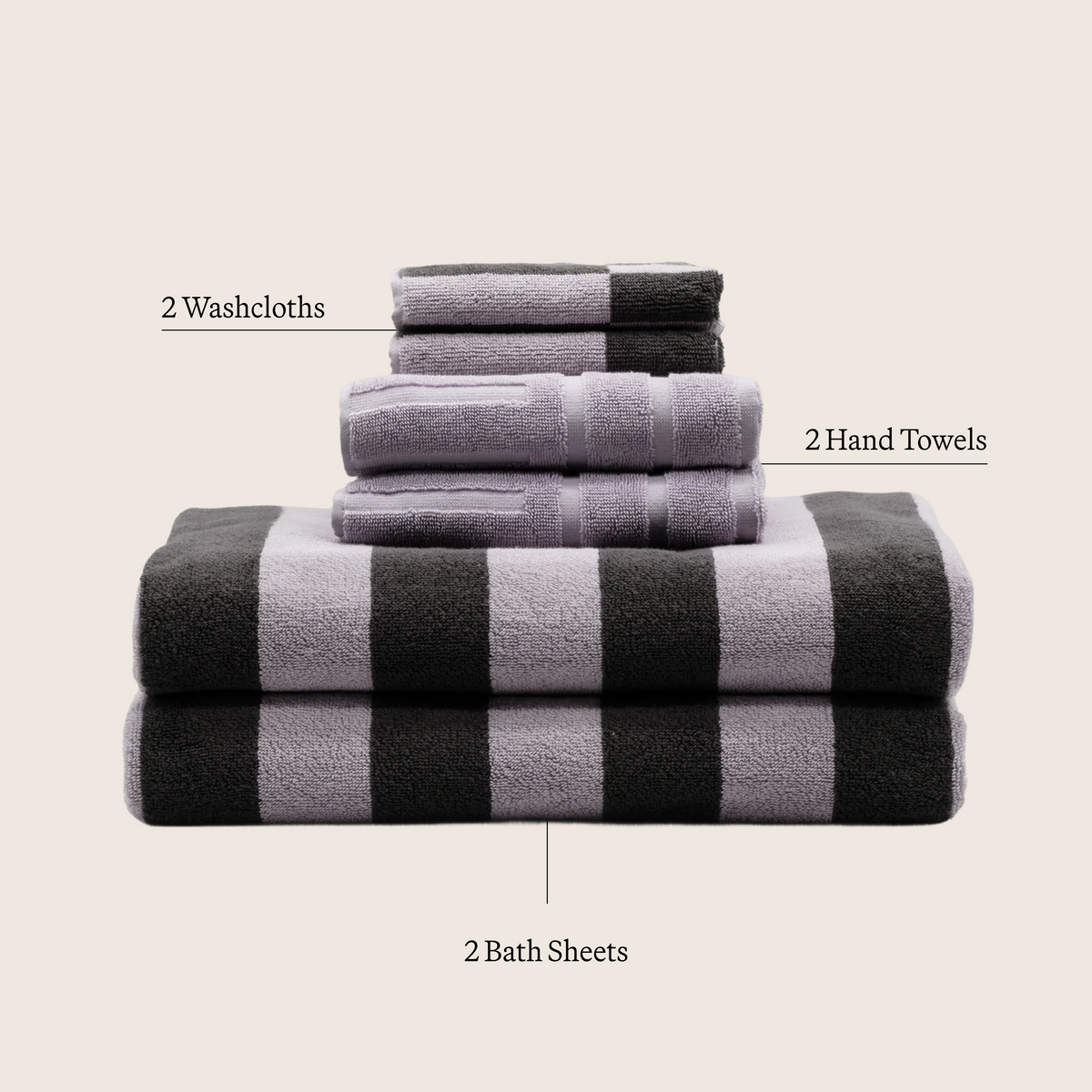 Folded light purple and charcoal cotton towels with bold stripe pattern