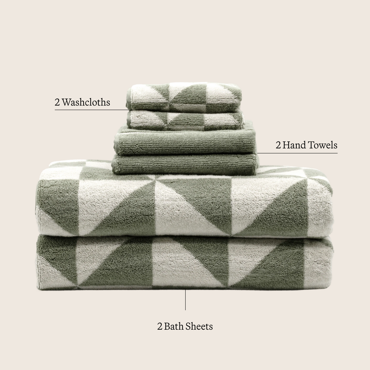 Green striped towel set overview: washcloths, hand towels, bath sheets