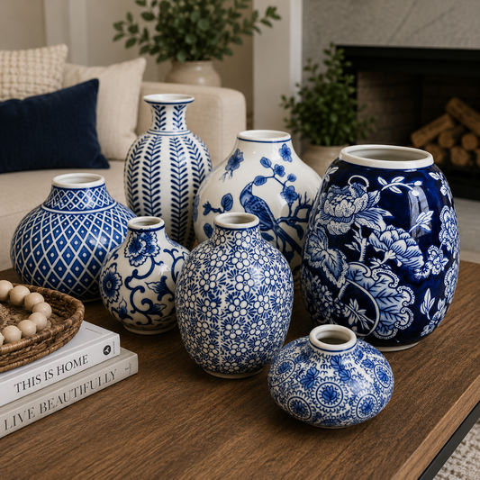 Assorted blue and white ceramic vases in varied patterns arranged on a table