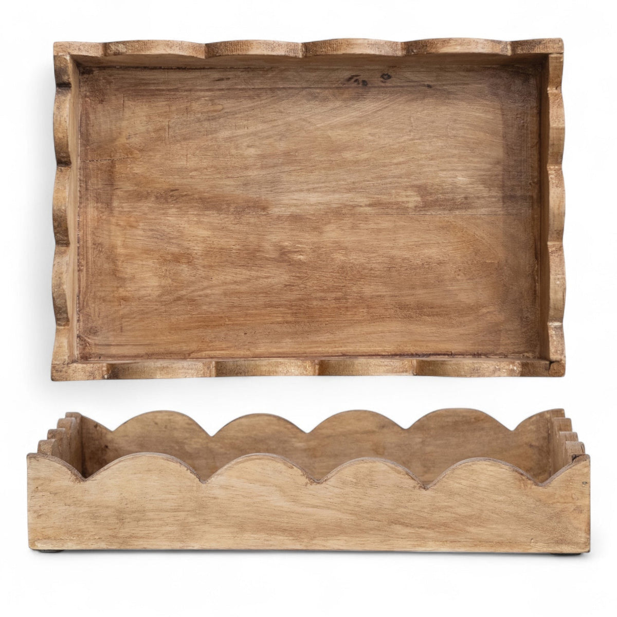 Mango wood tray with scalloped edge, rectangular interior, unfinished natural finish.