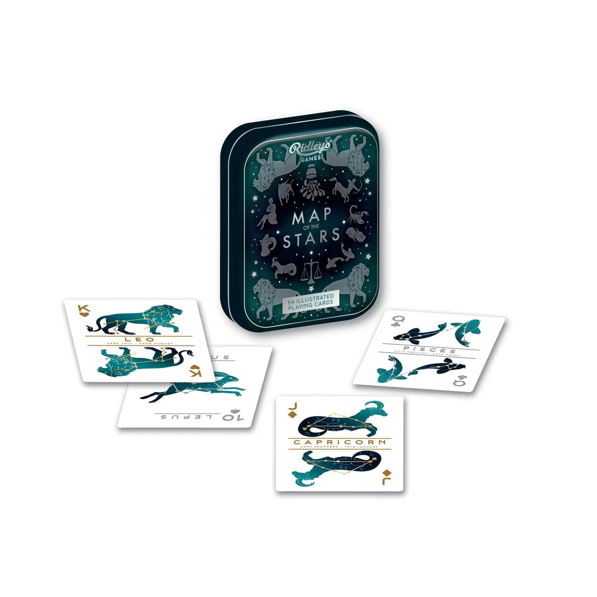 Map of the Stars playing cards with dark illustrated tin and animal card faces