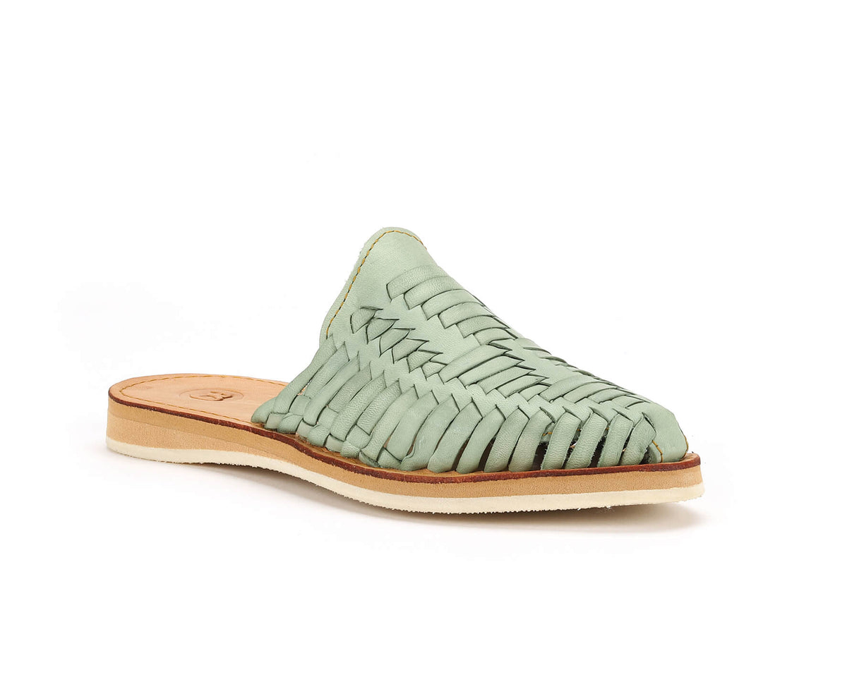 Teal woven slip-on huarache slide sandal with open toe and tan outsole