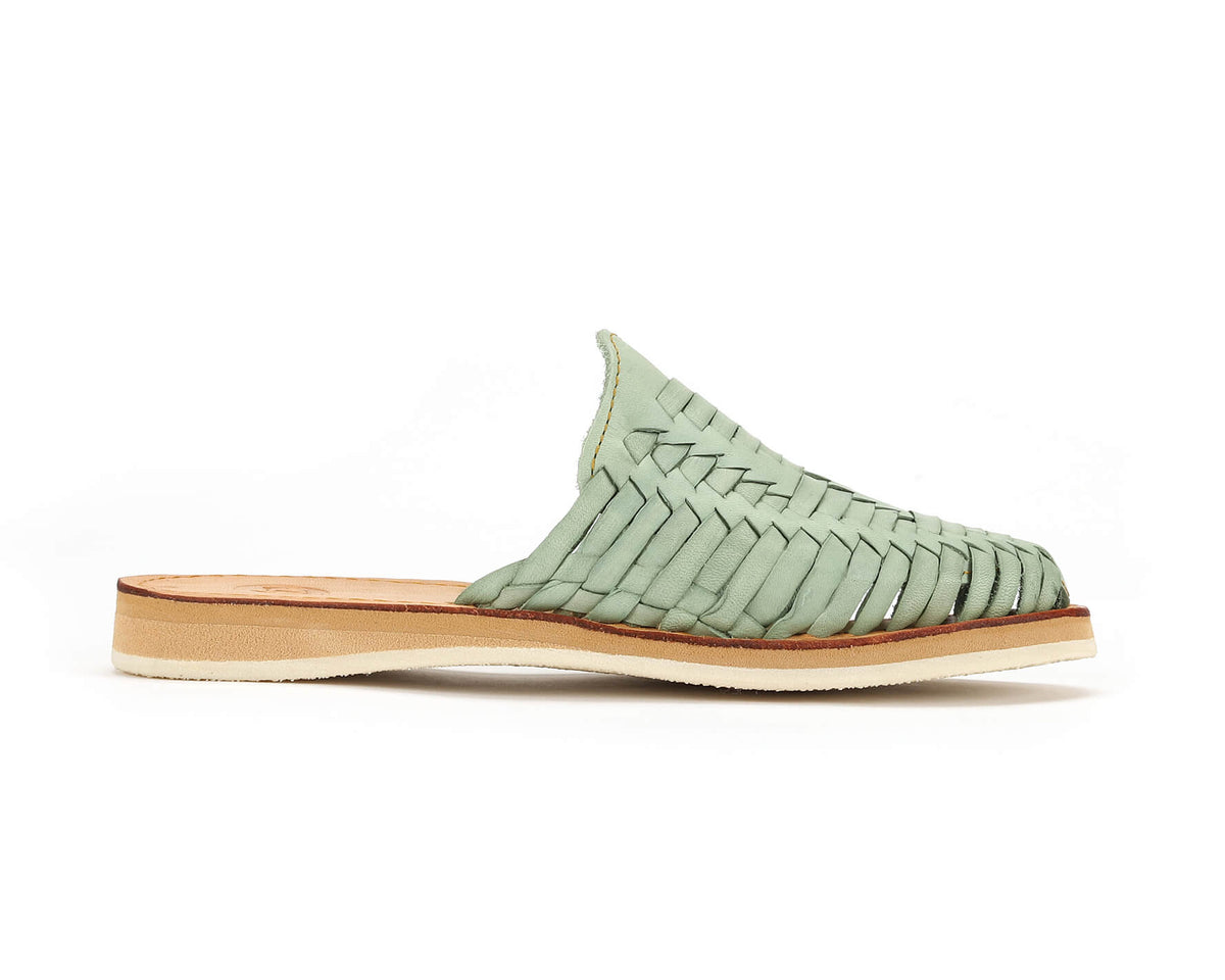 Single teal woven slip-on huarache slide sandal with open toe and tan sole
