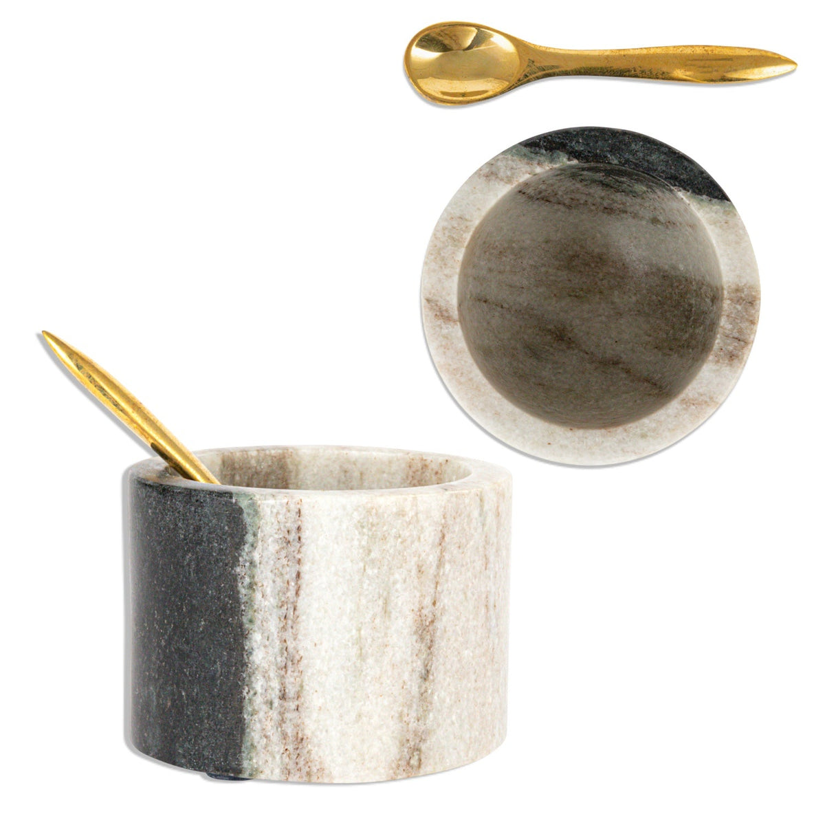 Marble salt cellar with round bowl and brass spoon, black and cream speckled finish