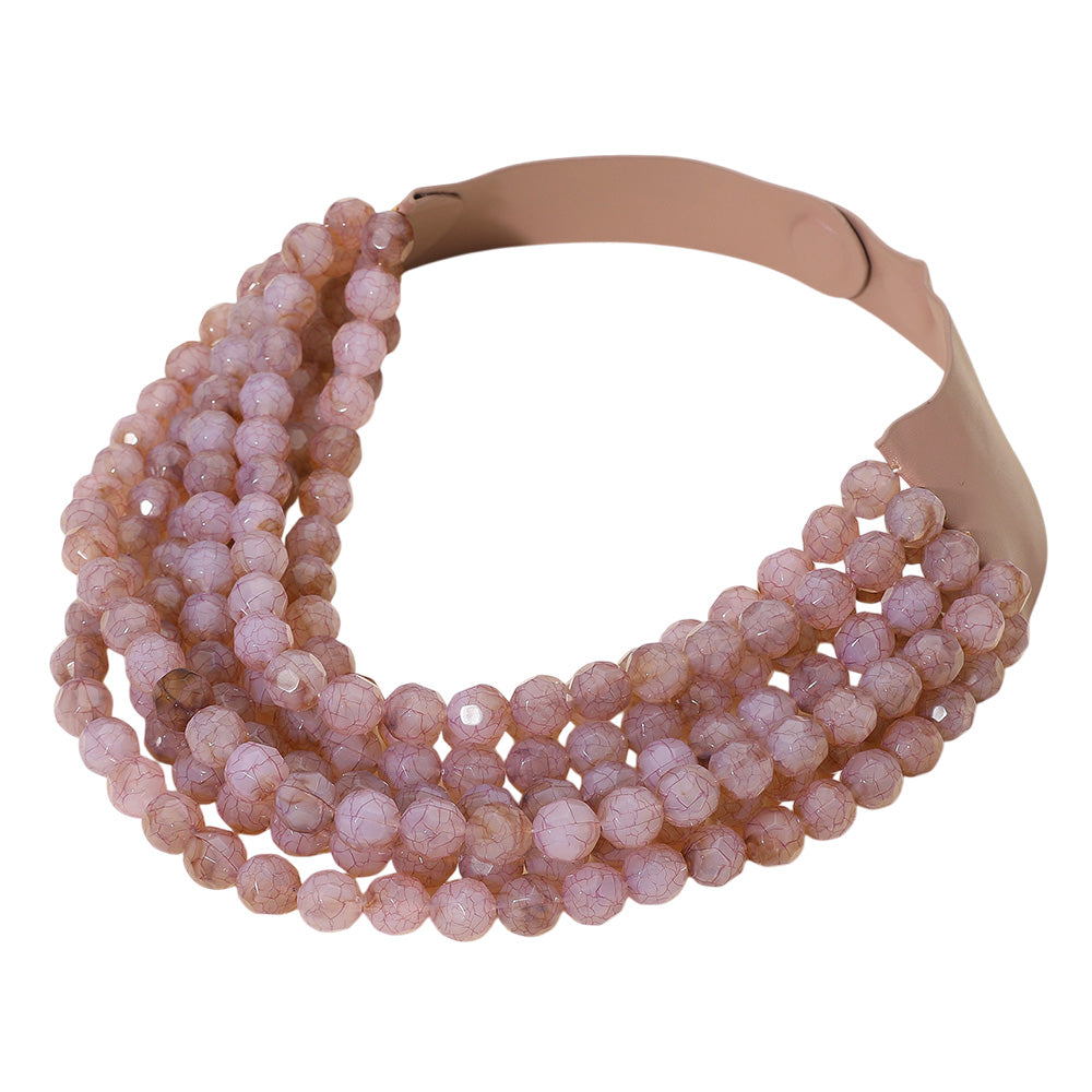 Women's Marbled Faceted Acrylic Ball Beaded Multi Strand Layered Faux Leather Magnetic Necklace